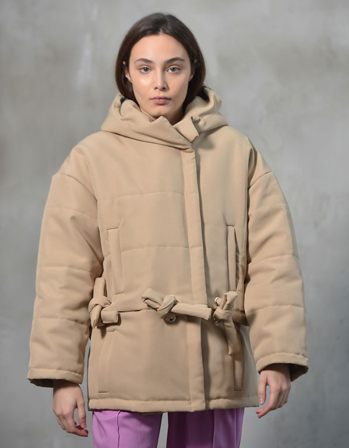 Beige transformable puffer jacket with a hood (Made to Order)