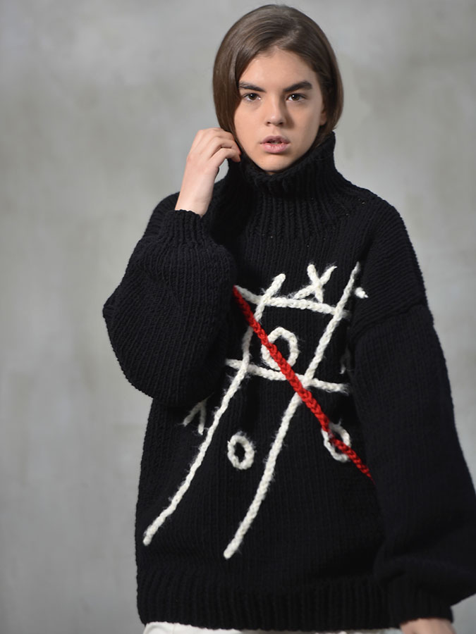 Black tic-tac-toe knitted sweater (Made to order)