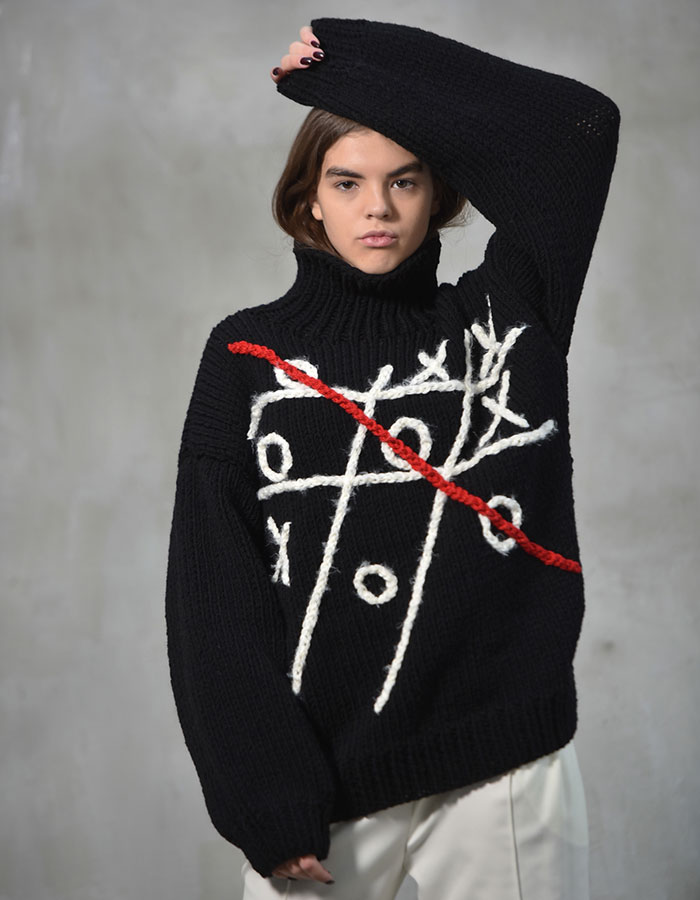 Black tic-tac-toe knitted sweater (Made to order)