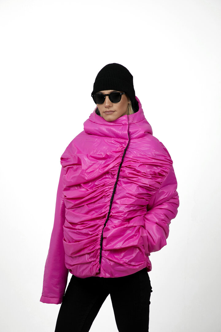 Draped pink puffer jacket