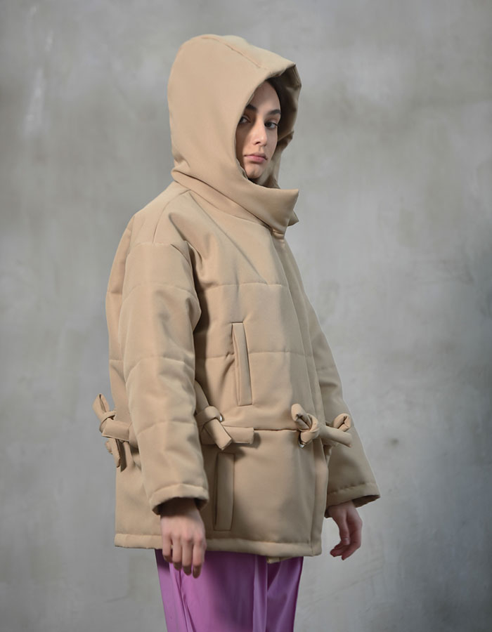 Beige transformable puffer jacket with a hood (Made to Order)
