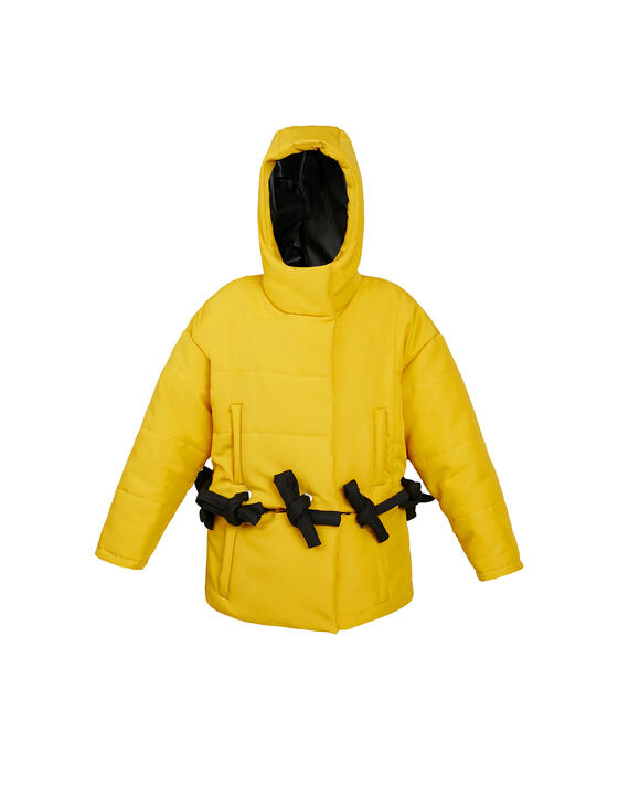 Yellow transformable puffer jacket with a hood