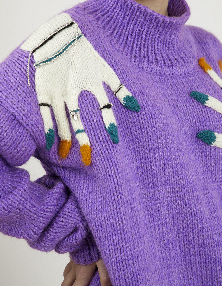 Hand-knit turtleneck purple sweater