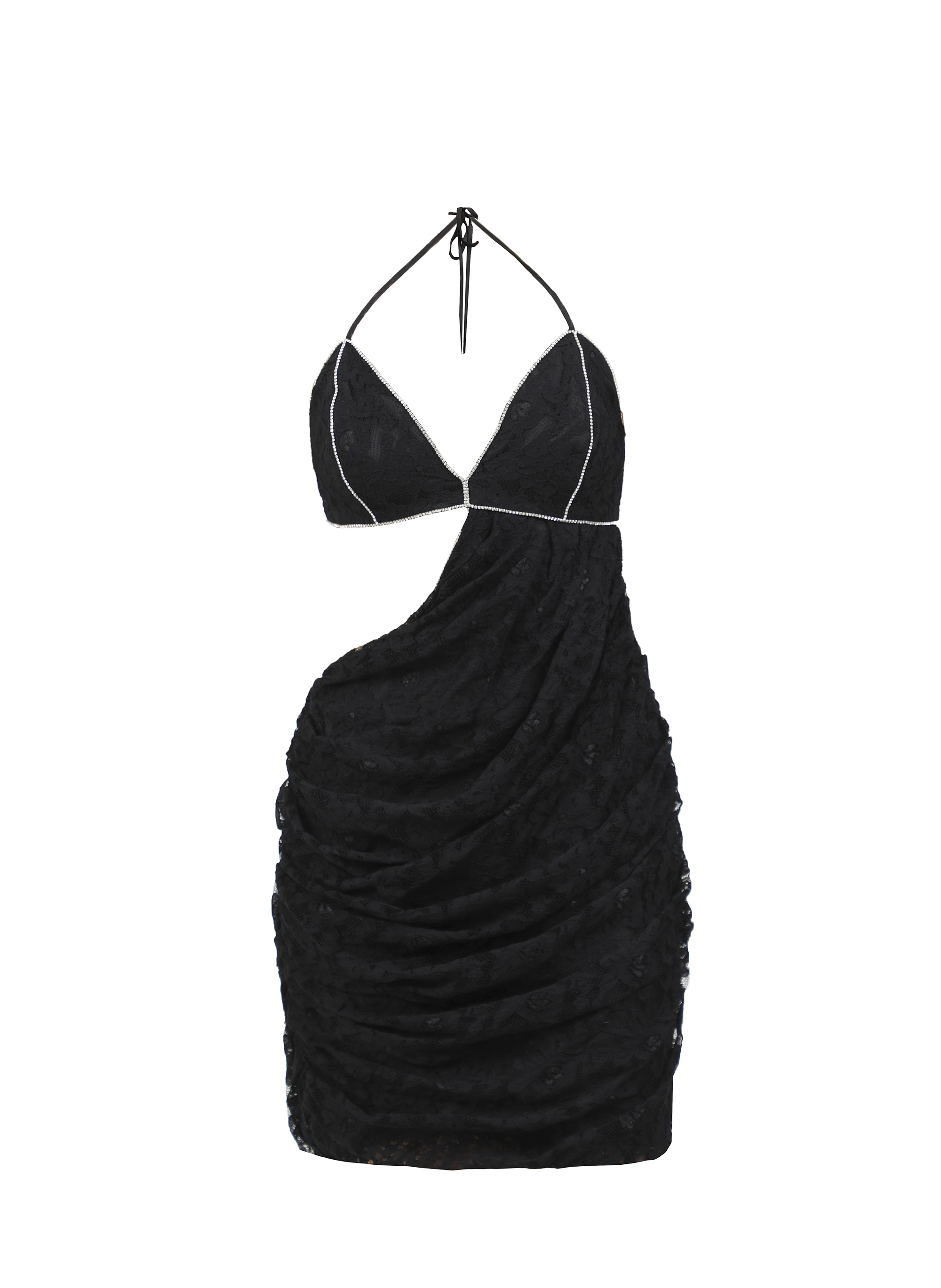 Guipure crumpled black mini dress